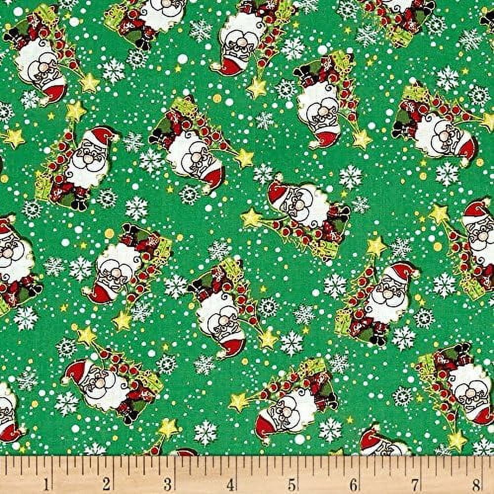 Fabri-Quilt Season's Greetings Jolly Santas Metallic Green 100% Cotton Fabric sold by the yard