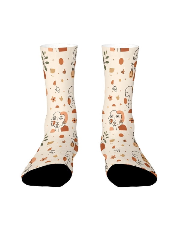 Abstract Continuous Face Line Terracotta Geometric Funny Novelty Crew Socks for Women Men Sports
