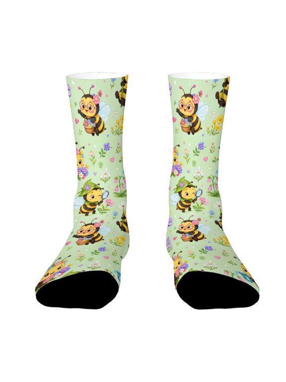 Alpine Meadow Colorful Wildflower Bees Funny Novelty Crew Socks for Women Men Sports