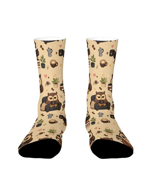 American Black Coffee Bitter Life Owl Funny Novelty Crew Socks for Women Men Sports