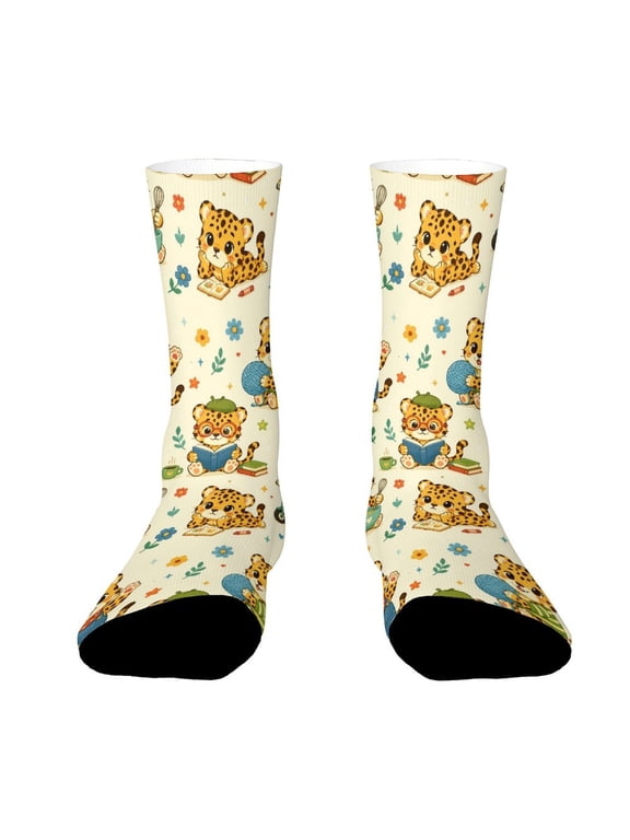 American Retro Chunky Knit Leopard Funny Novelty Crew Socks for Women Men Sports