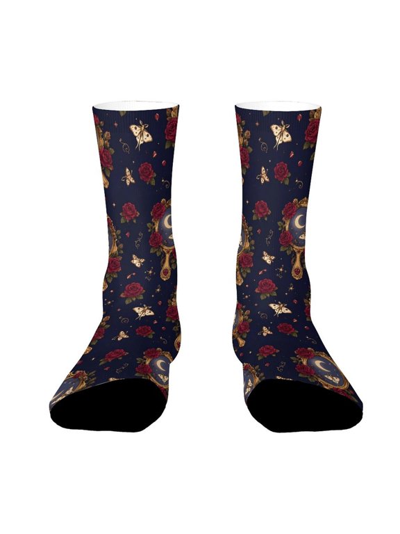 Antique Rose Moon Moth Mirror Funny Novelty Crew Socks for Women Men Sports