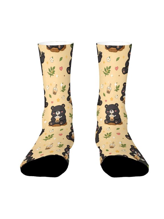 Asian Black Bear Bubble Tea Funny Novelty Crew Socks for Women Men Sports