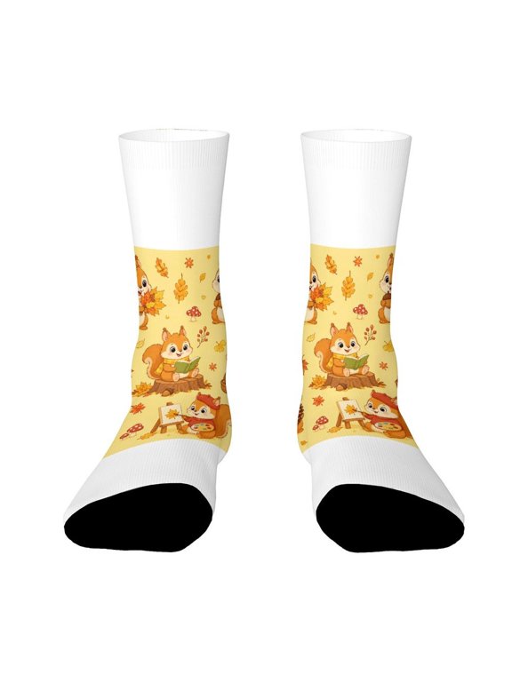 Autumn Golden Leaves Squirrel Pattern Funny Novelty Crew Socks for Women Men Sports