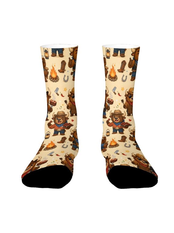 Bbq Smoky Texas Bison Funny Novelty Crew Socks for Women Men Sports