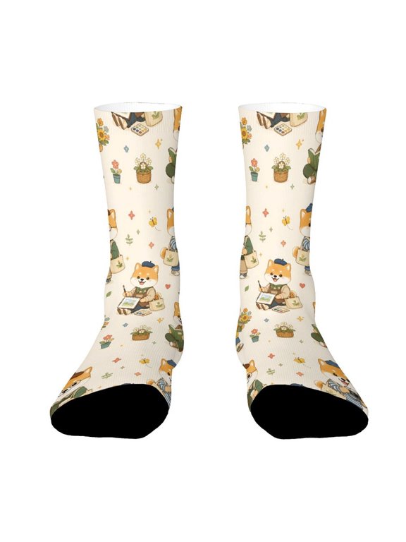 Beige Canvas Bag Dog Pattern Funny Novelty Crew Socks for Women Men Sports