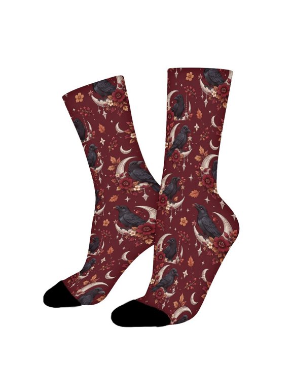 Black Crow Silver Moon Wreath Funny Novelty Crew Socks for Women Men Sports