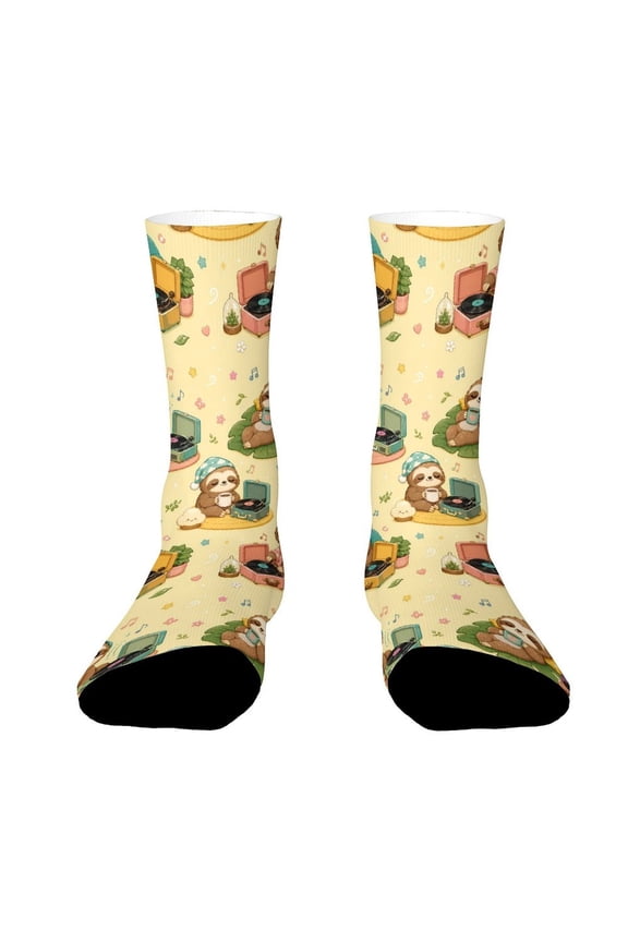 Black Vinyl Record Player Sloth Funny Novelty Crew Socks for Women Men Sports