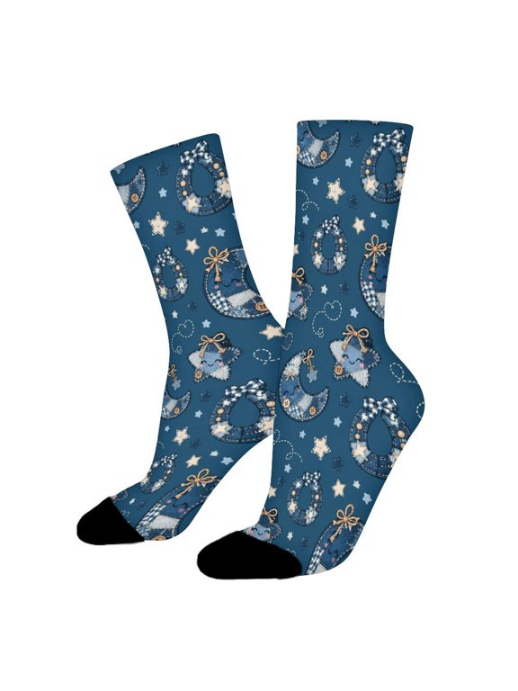 Blue Denim Moon Horseshoe Stars Funny Novelty Crew Socks for Women Men Sports
