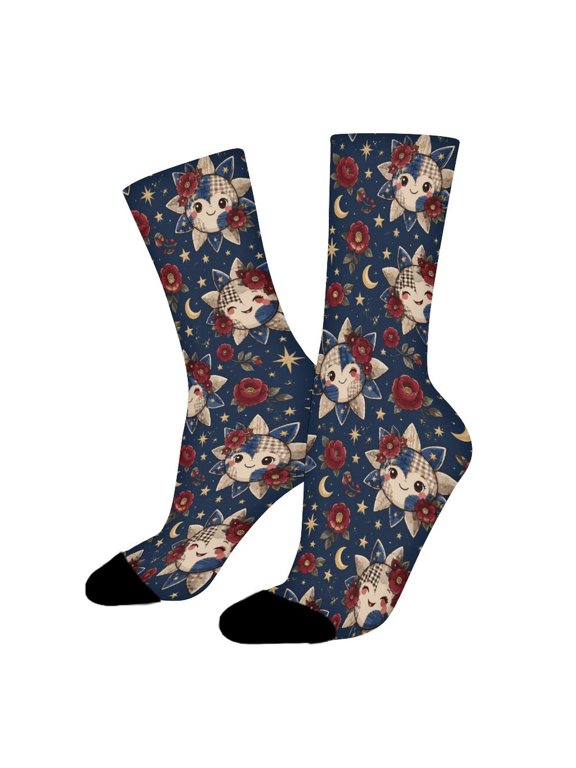 Blue Gray Sun Quilt Flower Funny Novelty Crew Socks for Women Men Sports