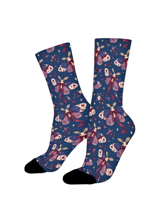 Blue Purple Moth Patchwork Funny Novelty Crew Socks for Women Men Sports