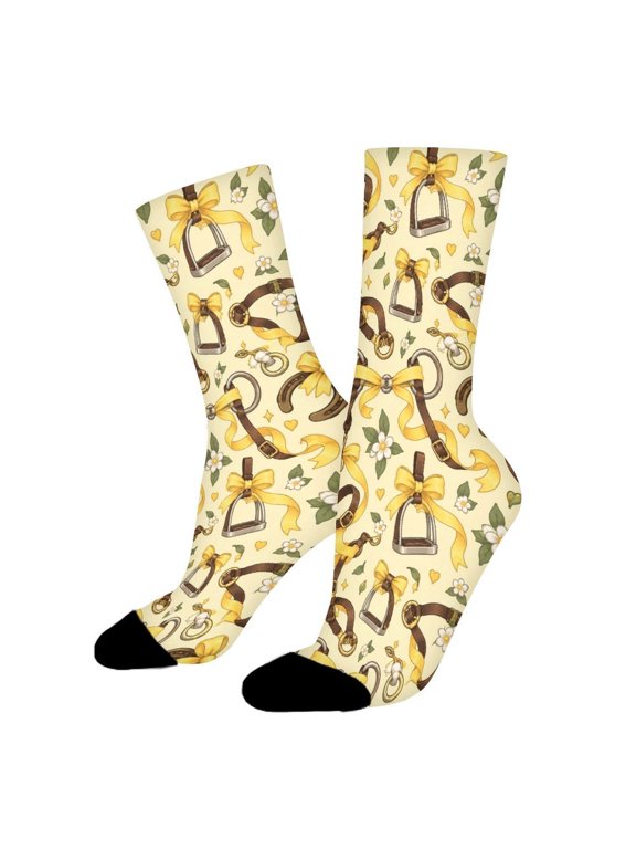 Brown Horse Buckles Yellow Ribbon Funny Novelty Crew Socks for Women Men Sports