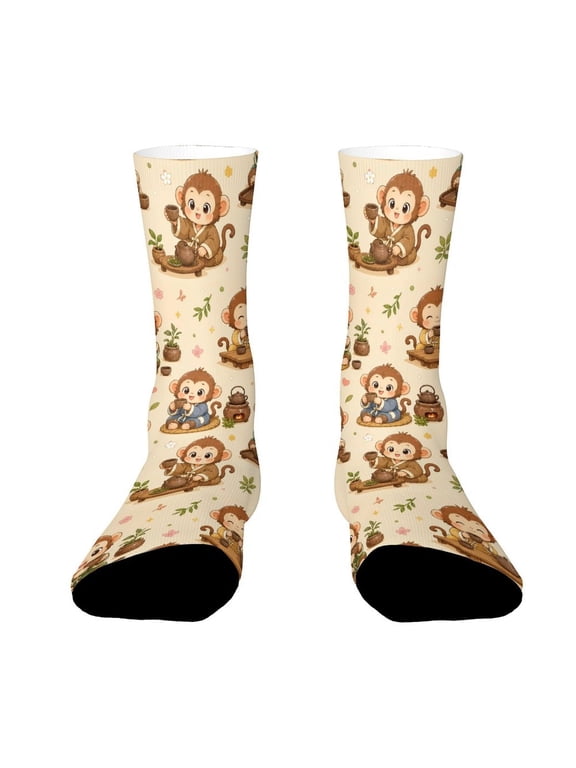 Brown Pottery Tea Set Monkey Funny Novelty Crew Socks for Women Men Sports