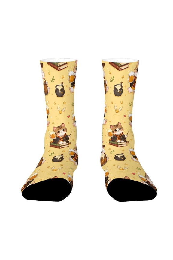 Butterbeer Magic Tipsy Hogwarts Cat Funny Novelty Crew Socks for Women Men Sports