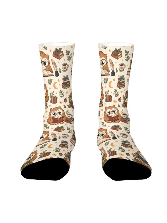 Caramel Owl Wearing Glasses Reading Funny Novelty Crew Socks for Women Men Sports