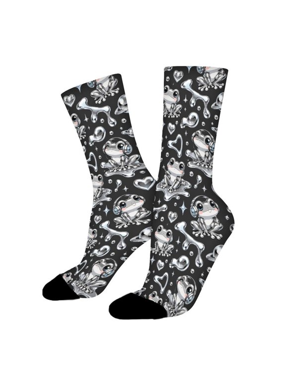 Chrome Silver Frog Liquid Metal Funny Novelty Crew Socks for Women Men Sports