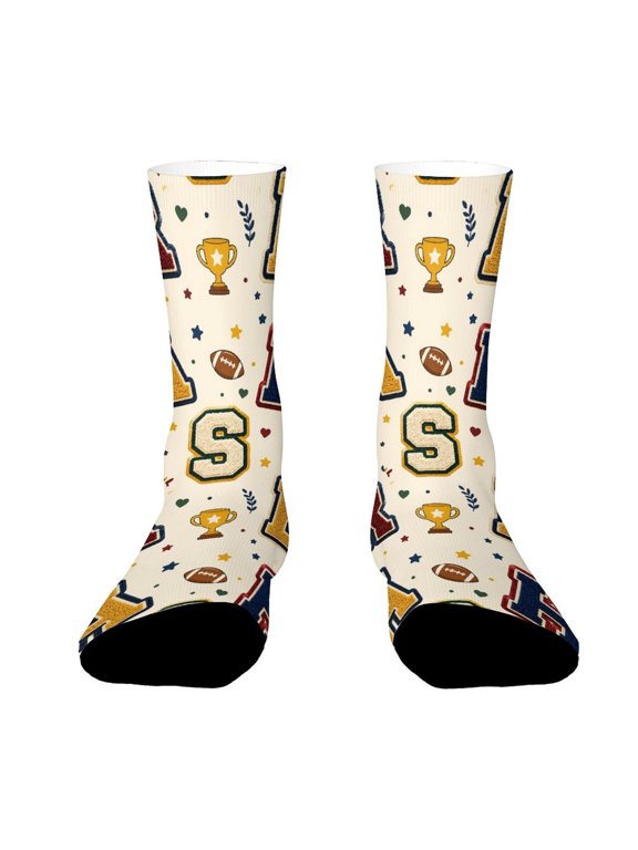 Classic Campus Letter Jacket Embroidery Funny Novelty Crew Socks for Women Men Sports