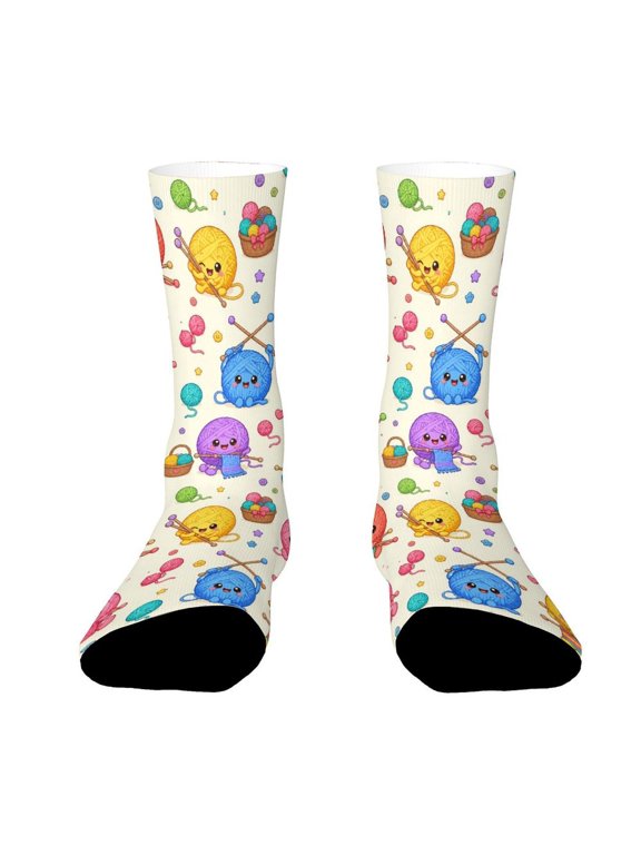 Colorful Yarn Balls Knitting Needles Seamless Pattern Funny Novelty Crew Socks for Women Men Sports