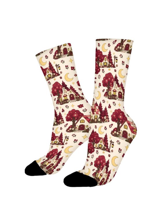 Cream House Red Trees Moon Funny Novelty Crew Socks for Women Men Sports