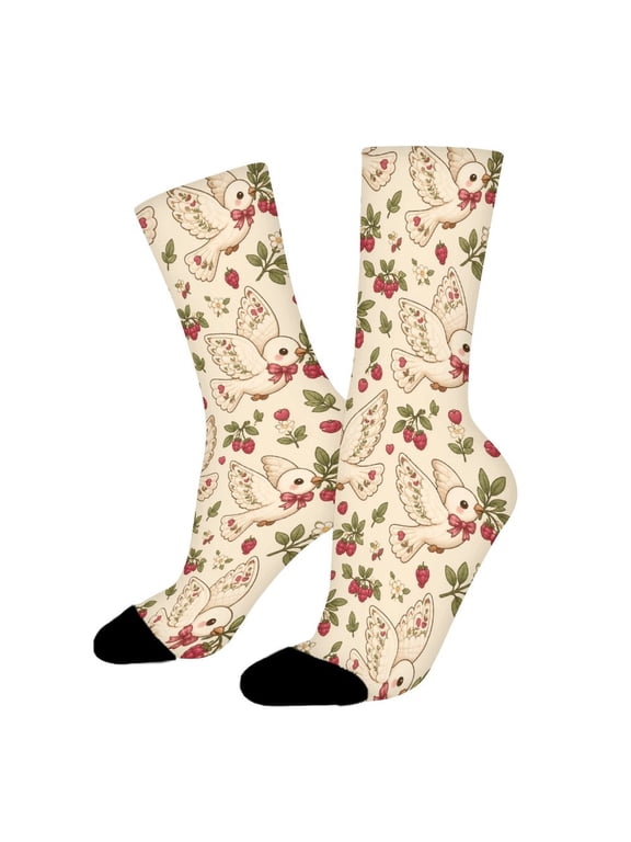 Cream Quilted Bird Olive Branch Funny Novelty Crew Socks for Women Men Sports