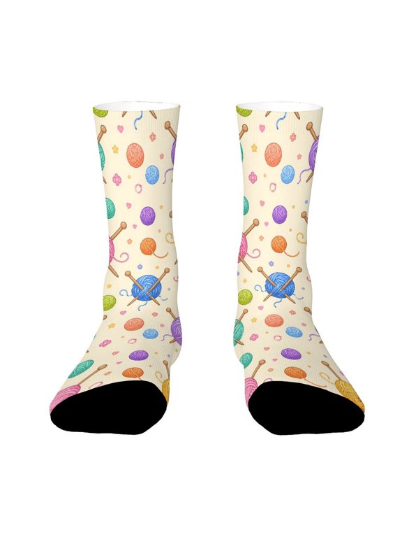 Crossed Knitting Needles Soft Yarn Balls Funny Novelty Crew Socks for Women Men Sports