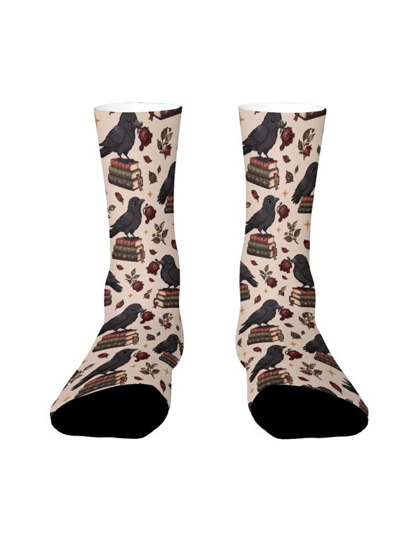 Crow Old Books Dried Rose Funny Novelty Crew Socks for Women Men Sports