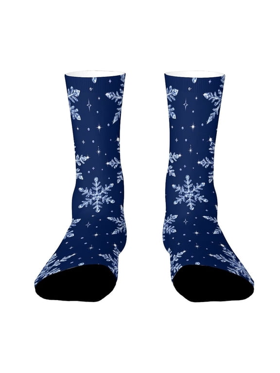 Crystal Transparent Snowflakes Deep Blue Velvet Background Funny Novelty Crew Socks for Women Men Sports
