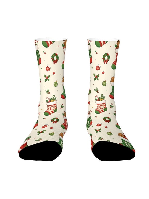 Custom Initial Christmas Stocking Pattern Funny Novelty Crew Socks for Women Men Sports