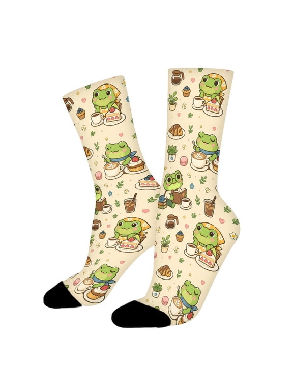 Cute Frog Coffee Cup Dessert Funny Novelty Crew Socks for Women Men Sports