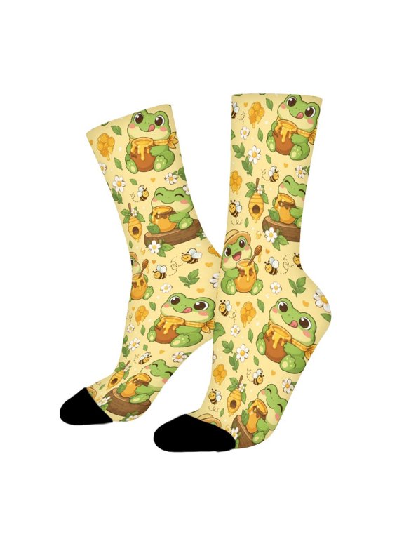 Cute Frog Honey Jar Bees Funny Novelty Crew Socks for Women Men Sports