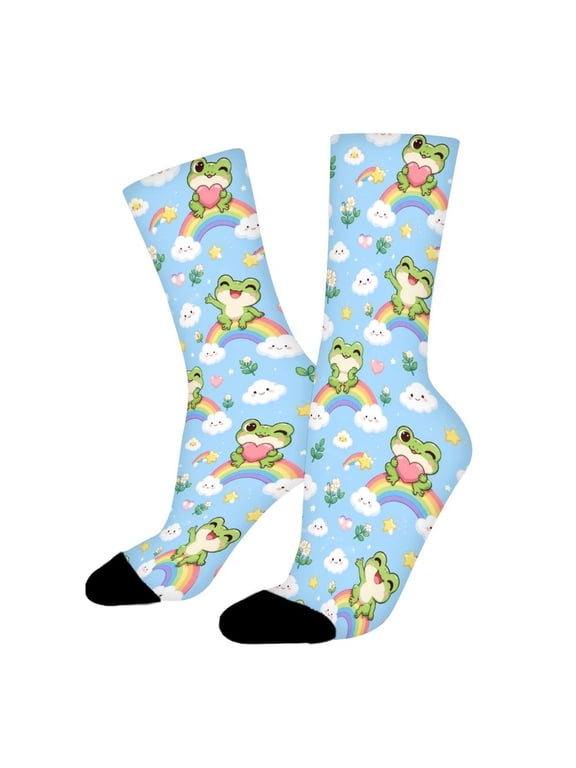 Cute Frog On Rainbow Bridge Funny Novelty Crew Socks for Women Men Sports