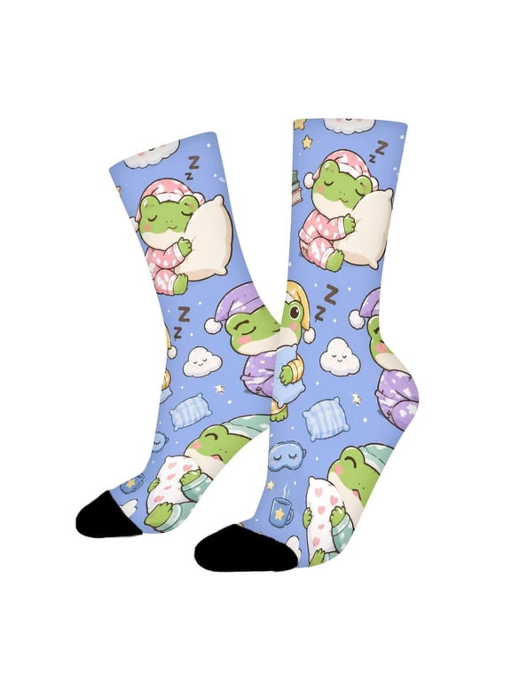 Cute Frog Pillow Good Night Funny Novelty Crew Socks for Women Men Sports