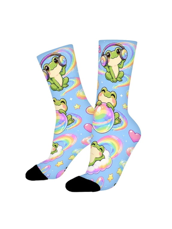 Cute Frog Rainbow Energy Wave Funny Novelty Crew Socks for Women Men Sports