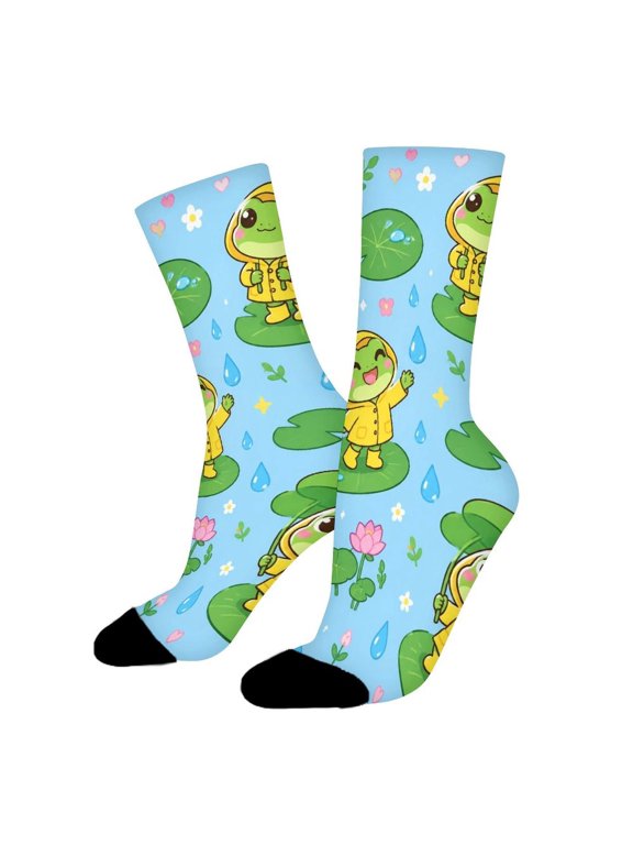 Cute Frog Raincoat Raindrops Lotus Funny Novelty Crew Socks for Women Men Sports