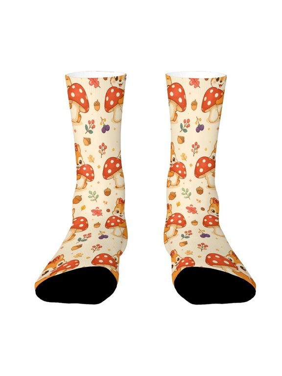 Cute Squirrel Holding Mushroom Acorn Funny Novelty Crew Socks for Women Men Sports