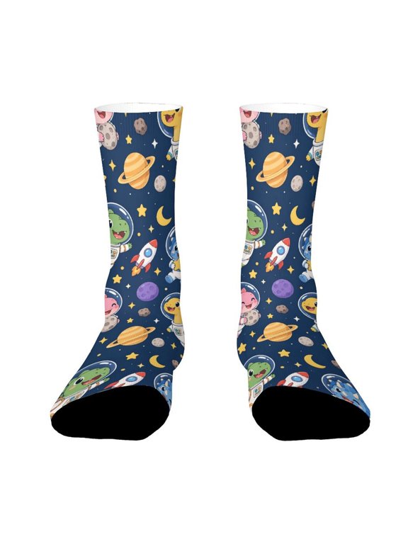 Dinosaur Astronaut Space Planets Ship Funny Novelty Crew Socks for Women Men Sports