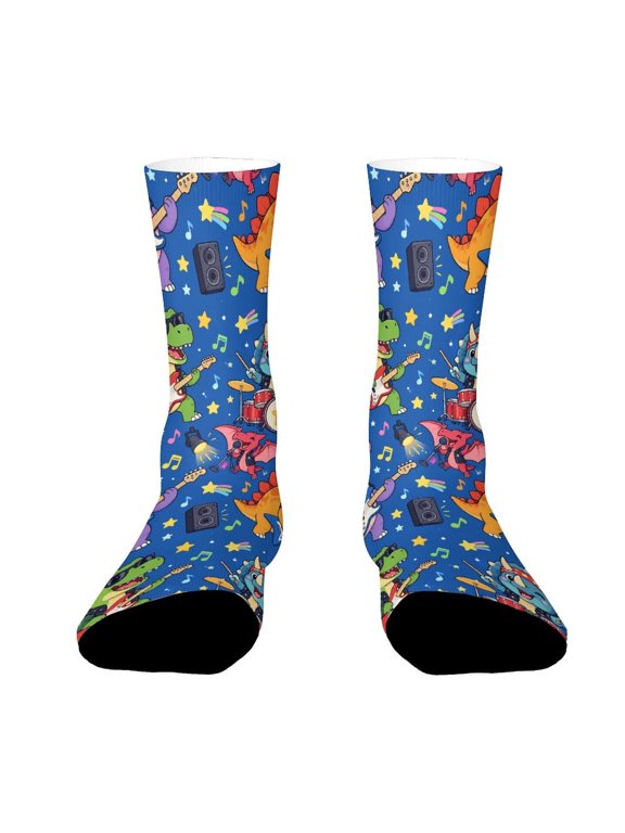 Dinosaur Band Guitar Drum Stage Funny Novelty Crew Socks for Women Men Sports