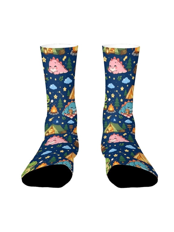 Dinosaur Camping Tent Campfire Stars Funny Novelty Crew Socks for Women Men Sports