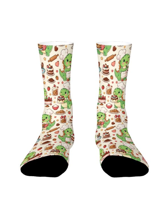 Dinosaur Chef Baking Cake Cookies Funny Novelty Crew Socks for Women Men Sports