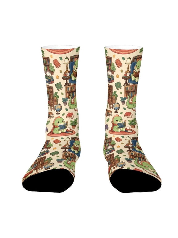 Dinosaur Reading Library Books Funny Novelty Crew Socks for Women Men Sports