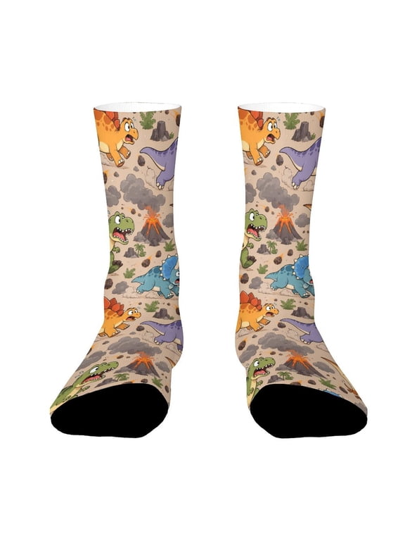 Dinosaurs Running From Volcano Ash Funny Novelty Crew Socks for Women Men Sports