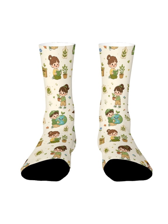 Eco Friendly Recycled Paper Botanical Print Funny Novelty Crew Socks for Women Men Sports