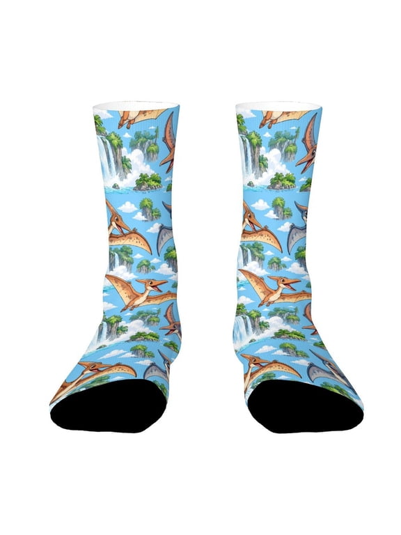 Flying Dinosaur Waterfall Mist_1 Funny Novelty Crew Socks for Women Men Sports