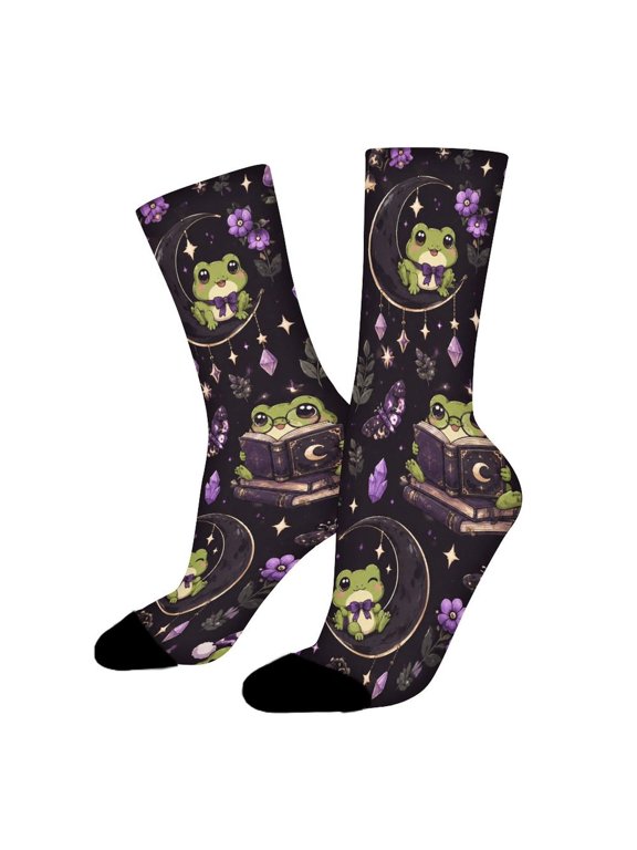 Frog Black Moon Purple Mushroom Funny Novelty Crew Socks for Women Men Sports