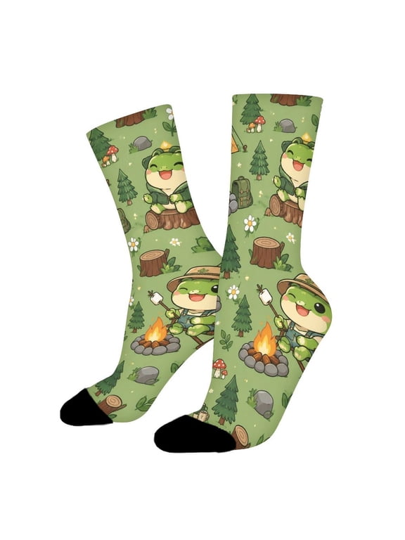 Frog Camping Tent Roasting Marshmallow Funny Novelty Crew Socks for Women Men Sports