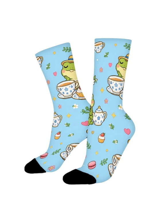 Frog Ceramic Teacup Afternoon Tea Funny Novelty Crew Socks for Women Men Sports