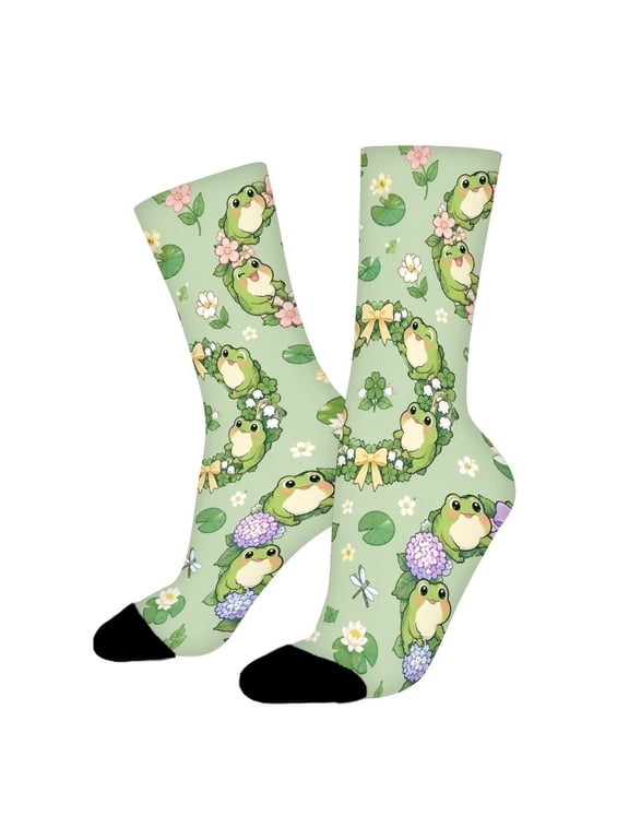 Frog Circle Floral Wreath Funny Novelty Crew Socks for Women Men Sports