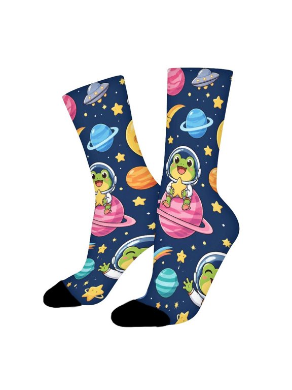 Frog Colorful Planet Space Adventure Funny Novelty Crew Socks for Women Men Sports