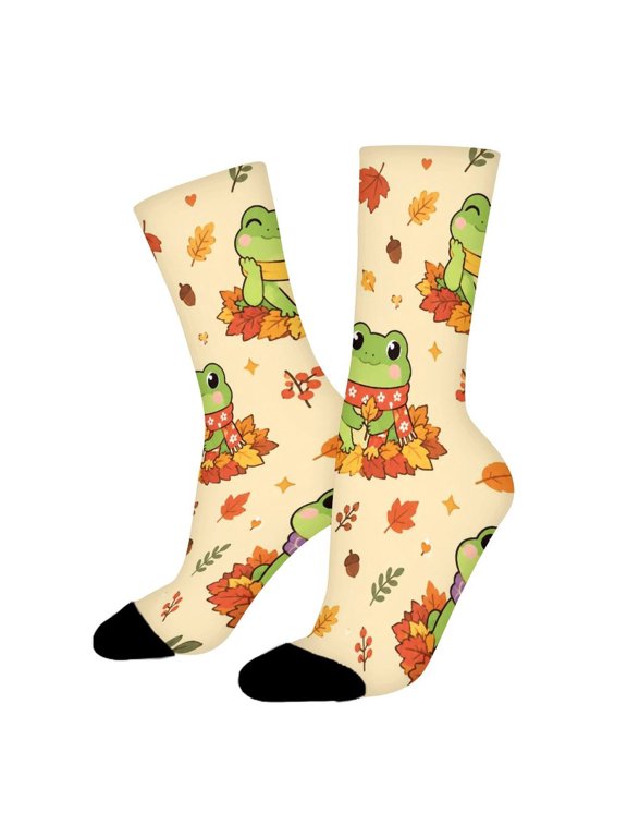 Frog In Scarf Autumn Leaves Funny Novelty Crew Socks for Women Men Sports