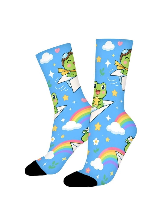 Frog Paper Plane Rainbow Sky Funny Novelty Crew Socks for Women Men Sports